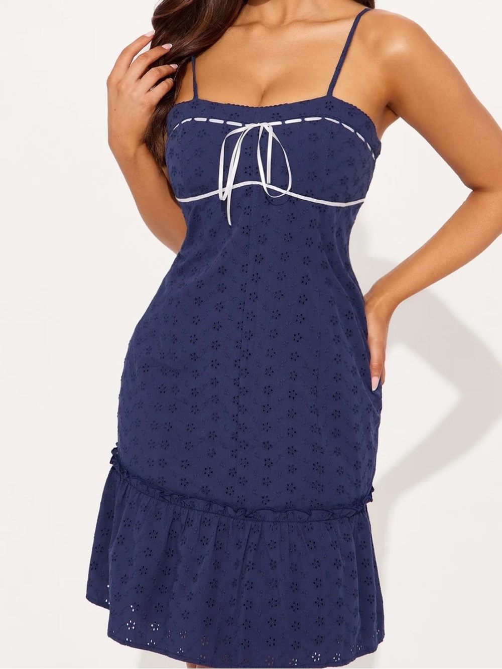 Fashion Nova Navy Blue Eyelet Spaghetti Strap Dress with White Trim